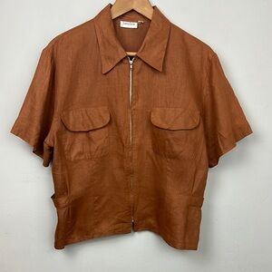 Vtg Neiman Marcus Brown 100% Linen Zipper Front Top Sz XL